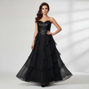 Strapless Sequin Bodice Tiered Ruffle Chiffon Evening Gown